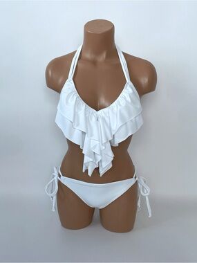 White Ruffle Halter Bikini Set - Women Swim